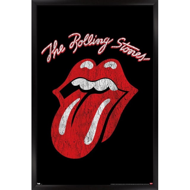 Rolling Stones - Affiche Murale Logo Classique, 22,375 Po x 34 Po, Mettant en Vedette le Logo Emblématique de Langue et Lèvres Rouges avec une texture Fissurée et Usée sur Fond Noir Encadrée en Noir. Cette Impression d'Art Mural Brillante Convient à une Déco à Thème Musical pour Chambres, Bureaux, Dortoirs et Espaces de Fête.
