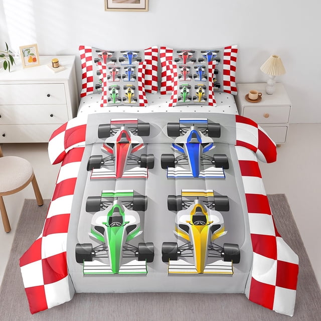 Lit de voiture de course Go Kart dans un sac Queen 7 pièces, ensemble de confort de karting de course Design de kart de dérive réversible, ensembles de literie ultra doux et respirants avec Comforter, Sheets, Pillowcases & Shams