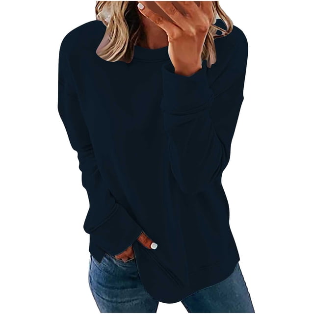 CEHVOM Chandails Décontractés à Manches Longues pour Femmes, Couleur Unie, Col Rond, Chandail Molletonné à Enfiler, Tuniques Amples de Couleur Unie Foncée. Coupe Décontractée avec Manches Longues et Encolure Ronde, Style Décontracté avec jeans. Idéal pour le Quotidien, les Fêtes Ou pour Mettre en Valeur un Style Stylé. Fait de polyester, Convient à Toutes les Saisons.