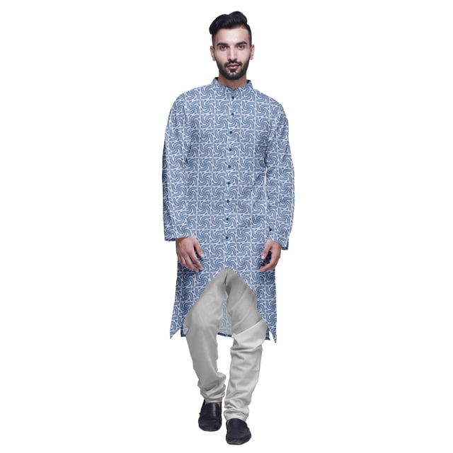 Atasi Button Down Asymmetrical Kurta For Men Printed Mandarin Long Sleeve Shirt