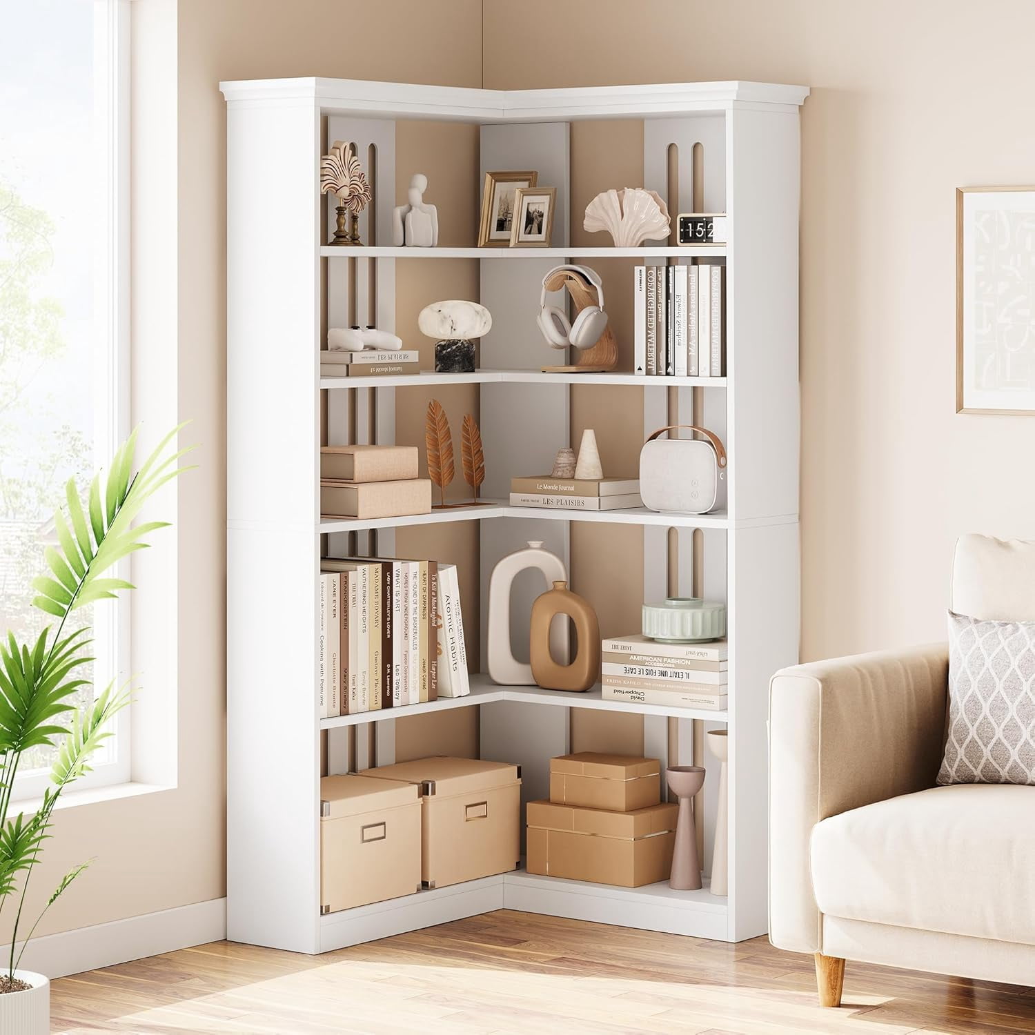 72.8In Corner Book Shelf,Farmhouse Bookcase,with Doors Modern Storage Rack 5 Shelf,Tall Standing Bookshelves,L Shaped Large Display Racks Book Shelf for Bedroom,Home Office