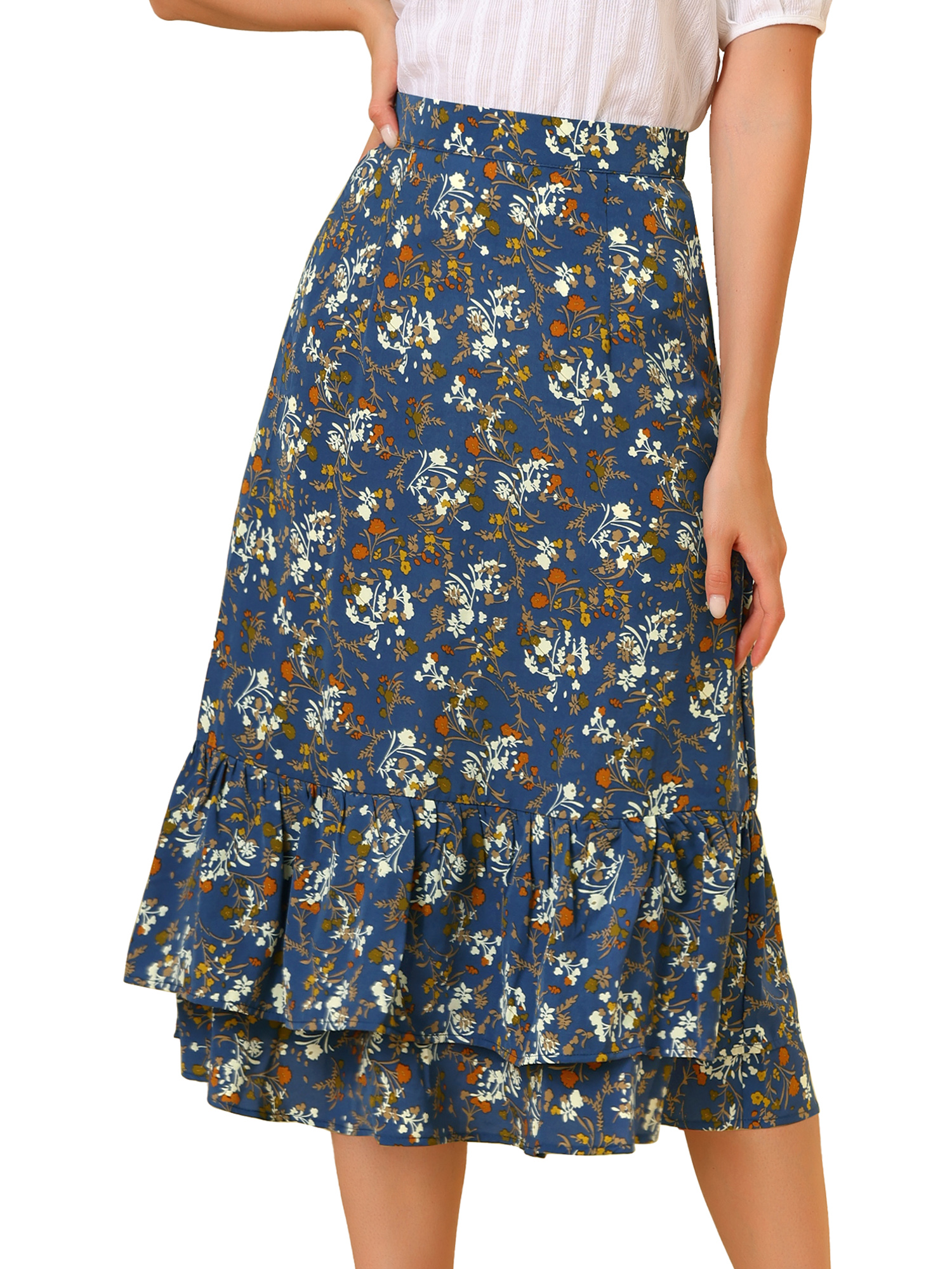 Unique Bargains Jupe Midi pour Femme à Imprimé Floral, Taille Élastique, Ourlet à Volants