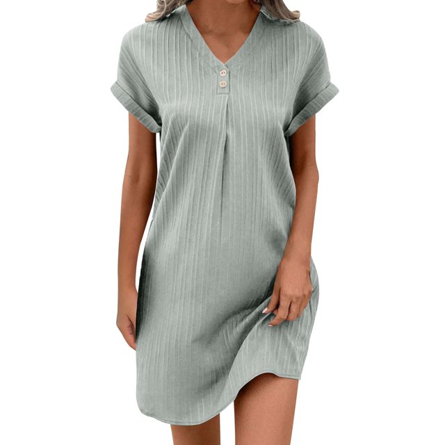 hotojiny Robes en Coton et Lin pour Femmes 2025 Amples à Boutons Col en V Robe T-Shirt Décontractée Unie à Manches Courtes Roulées Robes Mini de Plage