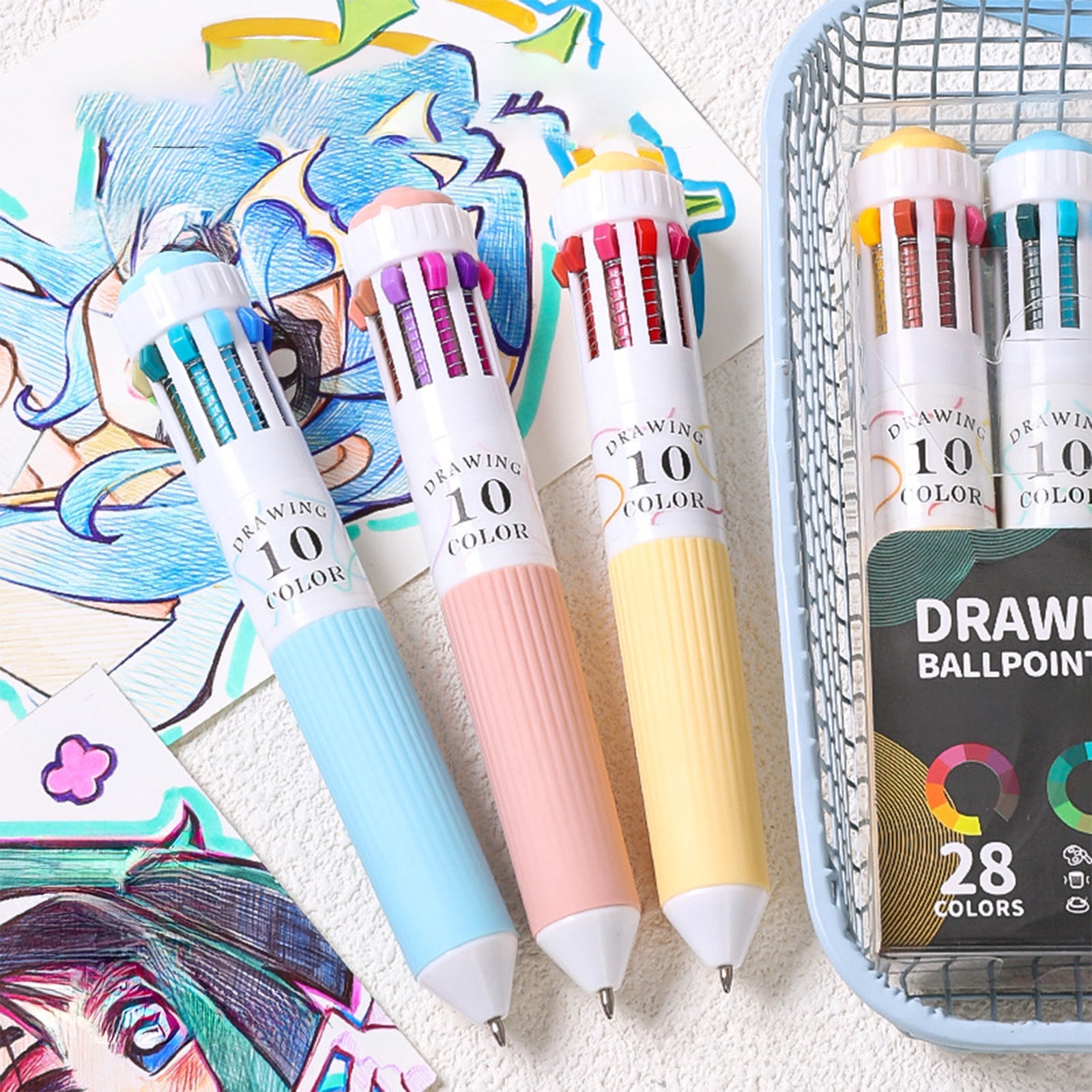 Dvkptbk Plastic Multicolor Ballpoint Pen Set 28 Colors Ballpoint Pen Set One Multi-color Ballpoint Pen Colorful Soft Grip Handbook Marker 0.8mm Student Drawing Pen