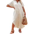 thumbnail image 3 of Femmes Maillot de Bain Couvrir Robe Manches Courtes Côté Divisé Bouton vers le Bas Longue Chemise Robe Cardigan Maxi Plage Robe Bleu, 3 of 4