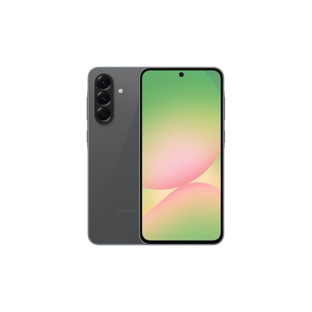 Samsung Galaxy A56 5G unlocked smartphone with a slim dark gray body, triple rear cameras with flash, and a 6.7-inch Super AMOLED display featuring a centered punch-hole front camera and vibrant gradient wallpaper, suitable for gaming, streaming, and photography in Canada.