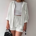 thumbnail image 4 of Fgnfyis Ensemble Décontracté 2 Pcs pour Femmes, Chemise à Manches Longues Col Rond Taille Haute avec Cordon de Serrage, Shorts, Blanc P, 4 of 5