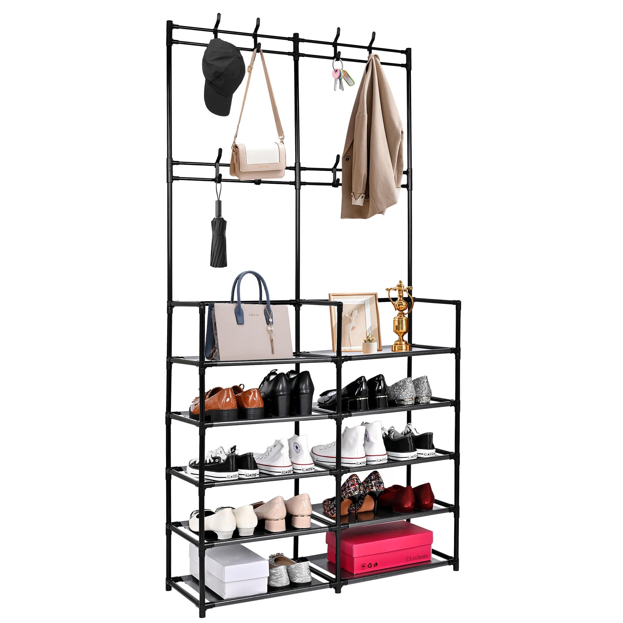 SortWise Shoe Rack, 5 Tier Entryway Shoe Storage Tower Organizer with Top 8 Hooks, 15-20 Pairs Space Saving Shoe Shelf Coat Hat Rack, Black