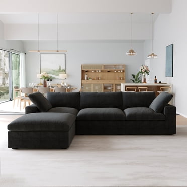 Sodrens Canapé Sectionnel Convertible Libre Canapé Modulaire, Canapé Moderne en L en Tissu de Lin pour Salon, Appartement et Petit Espace, Canapé 3 Places avec Ottoman, Noir