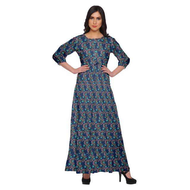 Moomaya Robe Longue Évasée Imprimée pour Femmes Manches 3/4 Col Rond Tenue Décontractée