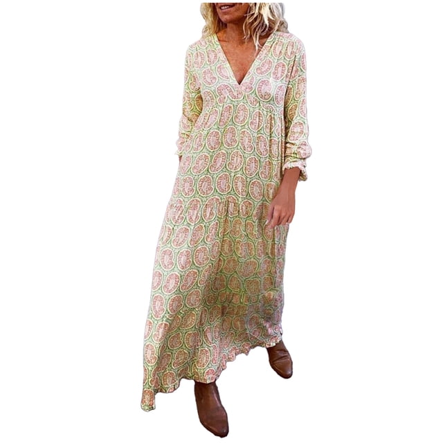 FcBaudy Robe à Manches Longues à Col en V, Robes d'Été pour Femmes, Robes pour Femmes Mode Femmes Robe Décontractée à Imprimé Robe à Col en V à Manches Longues Robe Longue Robe Femme