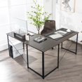 thumbnail image 2 of Giantex 95 Inch Reversible Corner Desk, L-Shaped Computer Desk w/Monitor Stand & 3 Cable Holes, 2-Person Long Study Writing Desk for ome Office, Brown, 2 of 6