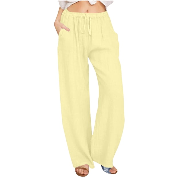 Timegard Cotton Linen Pants for Women Elastic Waist Drawstring Fall Travel Casual Pants with Pockets