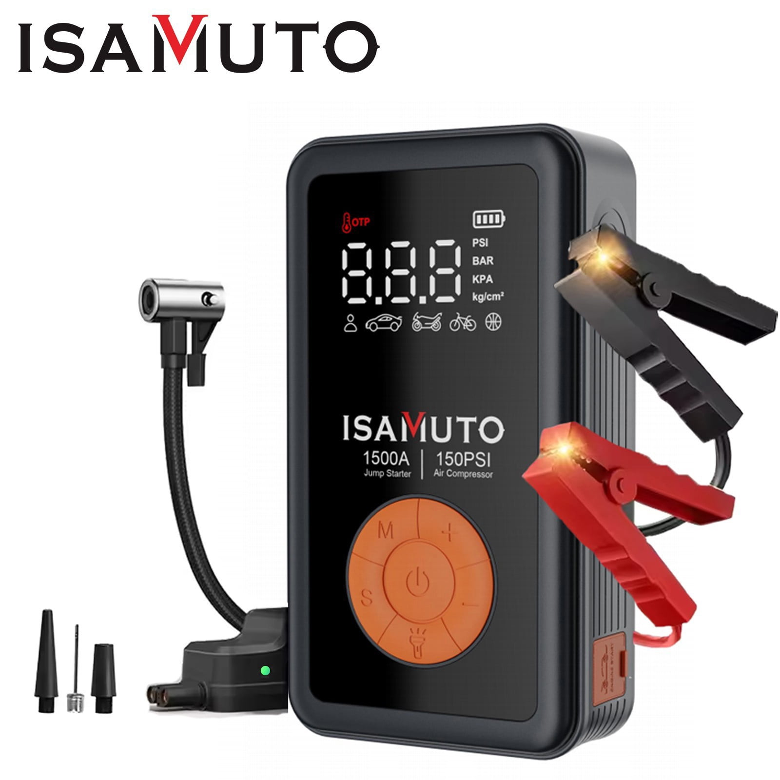 ISAMUTO 4-in-1 Jump Starter with Air Compressor, 1500A Peak 12V Car Battery Booster (8L Gas/6L Diesel), 12000mAh Jump Box with Jumper Cables, 150 PSI Tire Inflator & LED Flashlight