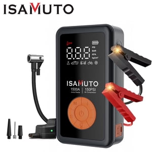ISAMUTO 4-in-1 Jump Starter with Air Compressor, 1500A Peak 12V Car Battery Booster (8L Gas/6L Diesel), 12000mAh Jump Box with Jumper Cables, 150 PSI Tire Inflator & LED Flashlight