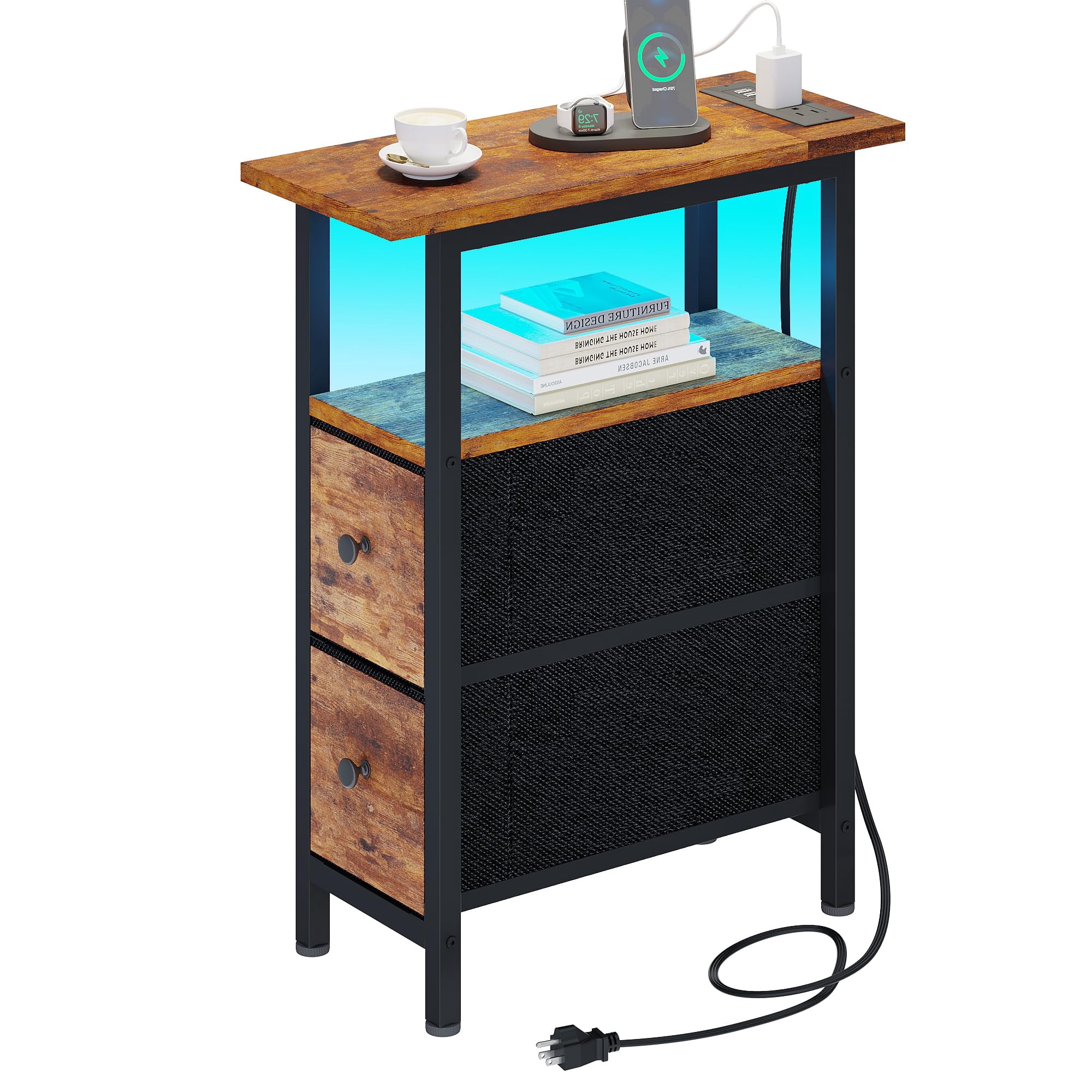 TRIFEBLE End Table with Charging Station, Narrow Side Table with 2 Fabric Drawers, Skinny Nightstand with LED Light, Slim Bedside Table for Bedroom, Living Room, Small S