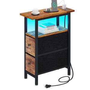 TRIFEBLE End Table with Charging Station, Narrow Side Table with 2 Fabric Drawers, Skinny Nightstand with LED Light, Slim Bedside Table for Bedroom, Living Room, Small S