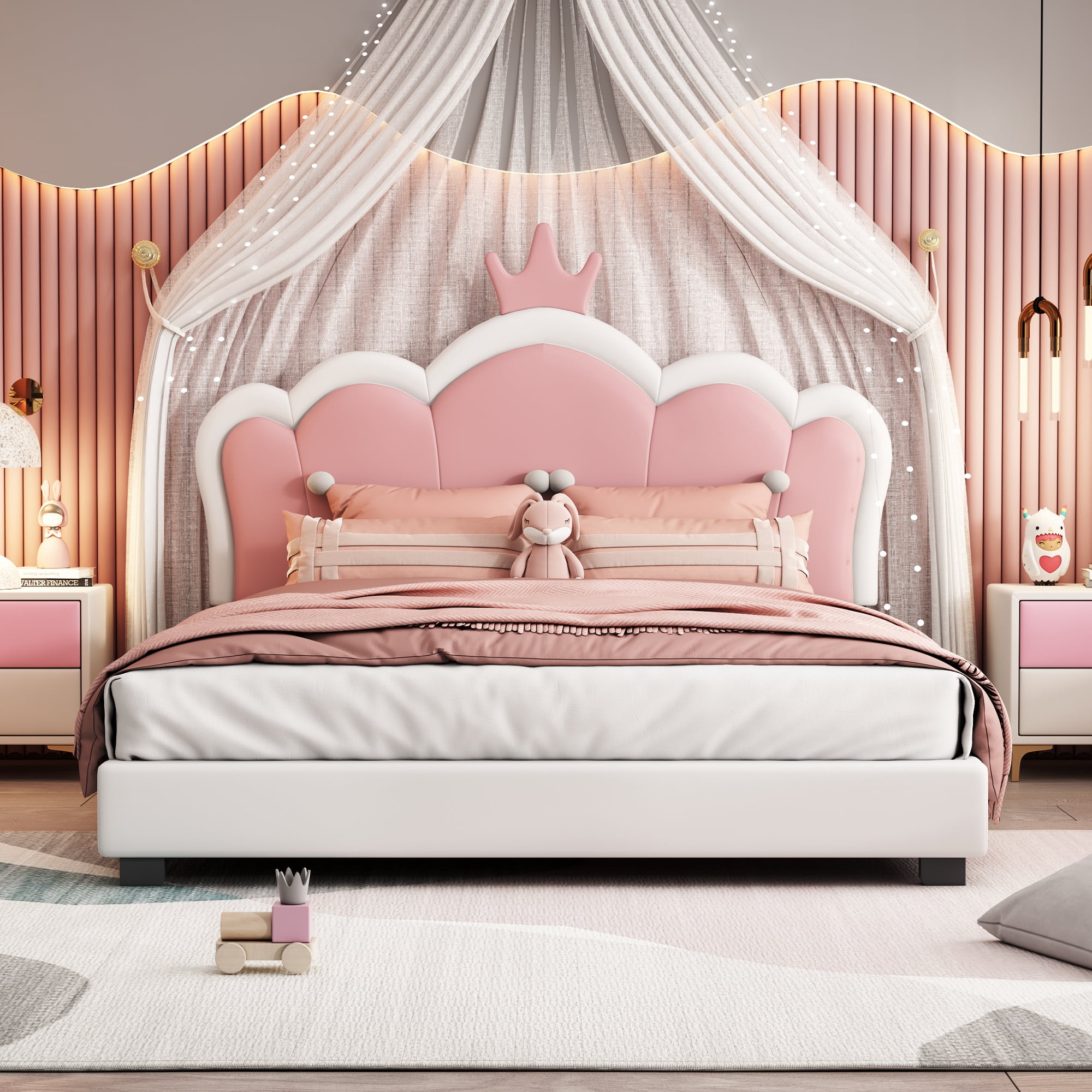 Homy Casa Full Size Princess Bed, Cream Pink, Crown Headboard, PU & Wood Frame, 500 lbs Capacity, Kids Bedroom Furniture, Easy Assembly