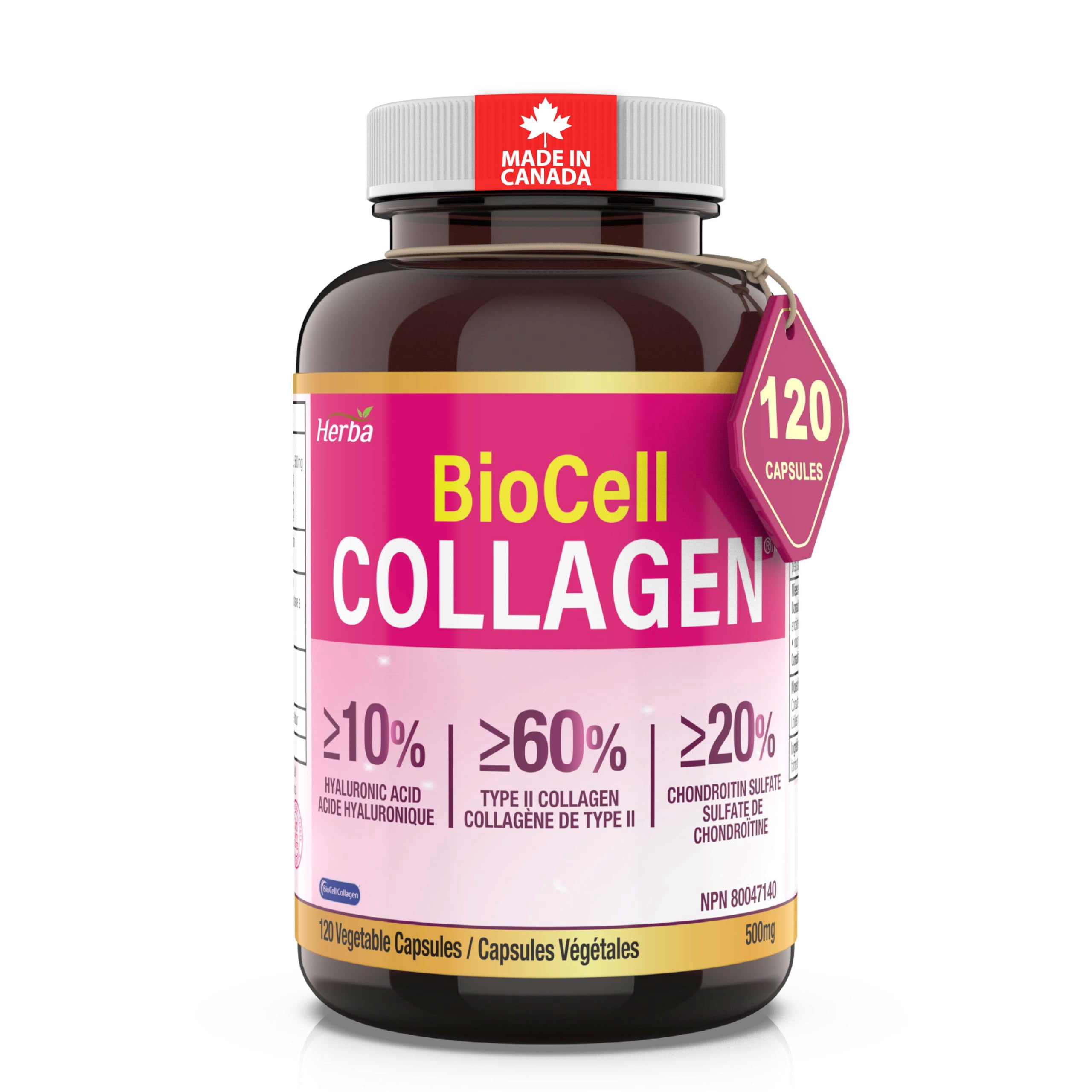 Herba BioCell Collagen Capsules 500mg – 120 Vegetable Capsules | Made in Canada