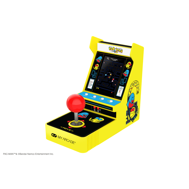 My Arcade - PAC-MAN JOYSTICK PLAYER 3.5" full-color vertical handheld game with original-inspired PAC-MAN cabinet artwork, front joystick and button controls, built-in speaker with volume control, 3.5 mm headphone port and USB-C or 4 AA battery power. Also suitable as a compact game-room display or for portable retro play.