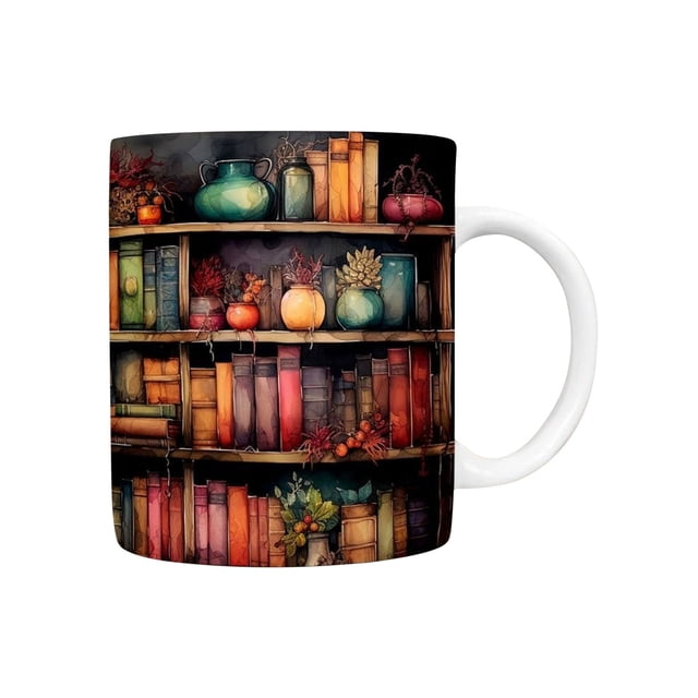 Ceramic Mug 350 ml with Bookshelf Design for Couples Home Office Gym Use 9.5 cm Diameter x 8 cm Height