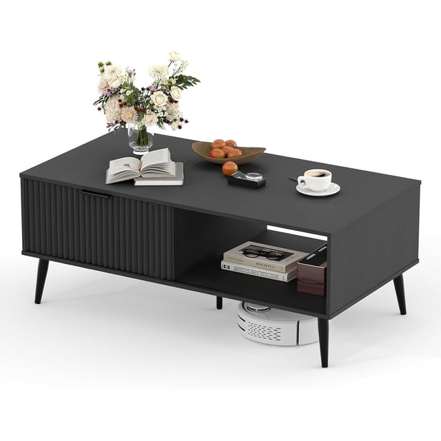 Coffee Table with Storage,41.34" Modern Tea Table with Sliding Wave Doors, 2-Tier Wooden Center Table for Living Room, Office & Outdoor Use