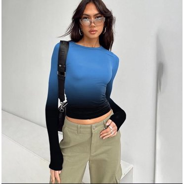 Wangsaura T-Shirts à Manches Longues pour Femmes Couleur Unie Col Rond Chemises Décontractées Printemps Automne Ajustées Hauts Mode Urbaine