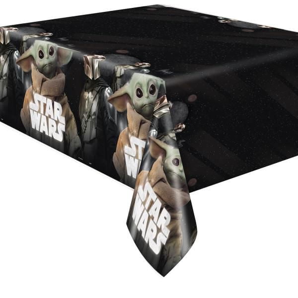 Mandalorian The Child Rectangular Plastic Table Cover, 54" x 84" waterproof disposable party table cover with repeating The Child (Baby Yoda) motif, rectangular fit for long tables, wipe-clean reusable surface for quick cleanup, suitable for parties, picnics and classrooms and often used to protect craft or serving tables.