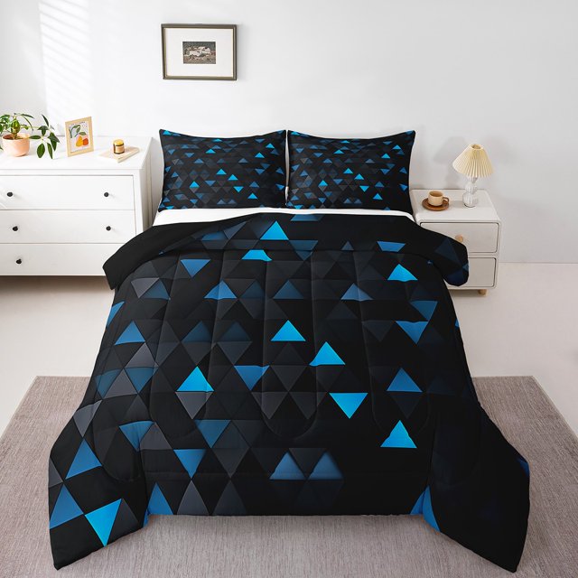 Erosebridal Ensemble de Literie Triangle Bleu pour Lit Simple, Couette en Duvet Triangle Néon, Bleu Noir, 2 Pcs Réversible