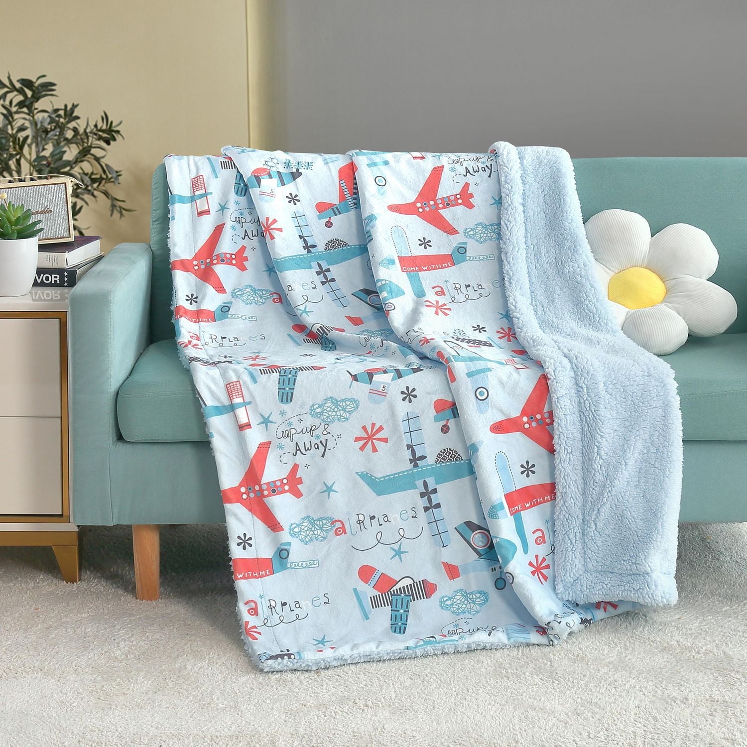 Couverture réversible en flanelle polaire douce et chaude pour enfants, motif avion, 101 x 127 cm, motif de base bleu