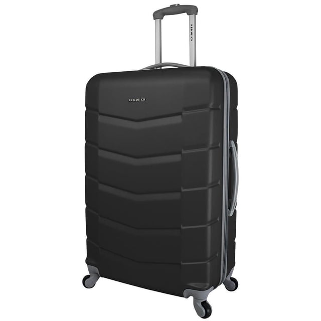 Renwick Valise à Roulettes Pivotantes 360o de 28 Po en Coque Rigide Noire avec Nervures Horizontales Texturées, Poignée Télescopique de Marque Renwick, Poignées Latérales et Supérieures, et Quatre Roues Pivotantes à 360 Degrés pour un Voyage Fluide. Convient aux Voyages et aux Ensembles de Bagages Assortis, Aussi Souvent Utilisé pour un Rangement Organisé des Essentiels de Voyage.