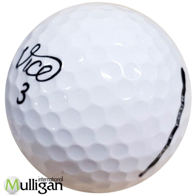 Mulligan - 60 Vice Pro Mix 5A Recycled Used Golf Balls showing a close-up of a white dimpled golf ball with the black 'Vice' logo, number 3, and a partial black line, optimized for tremendous distance, excellent short game control, and high energy speed core.