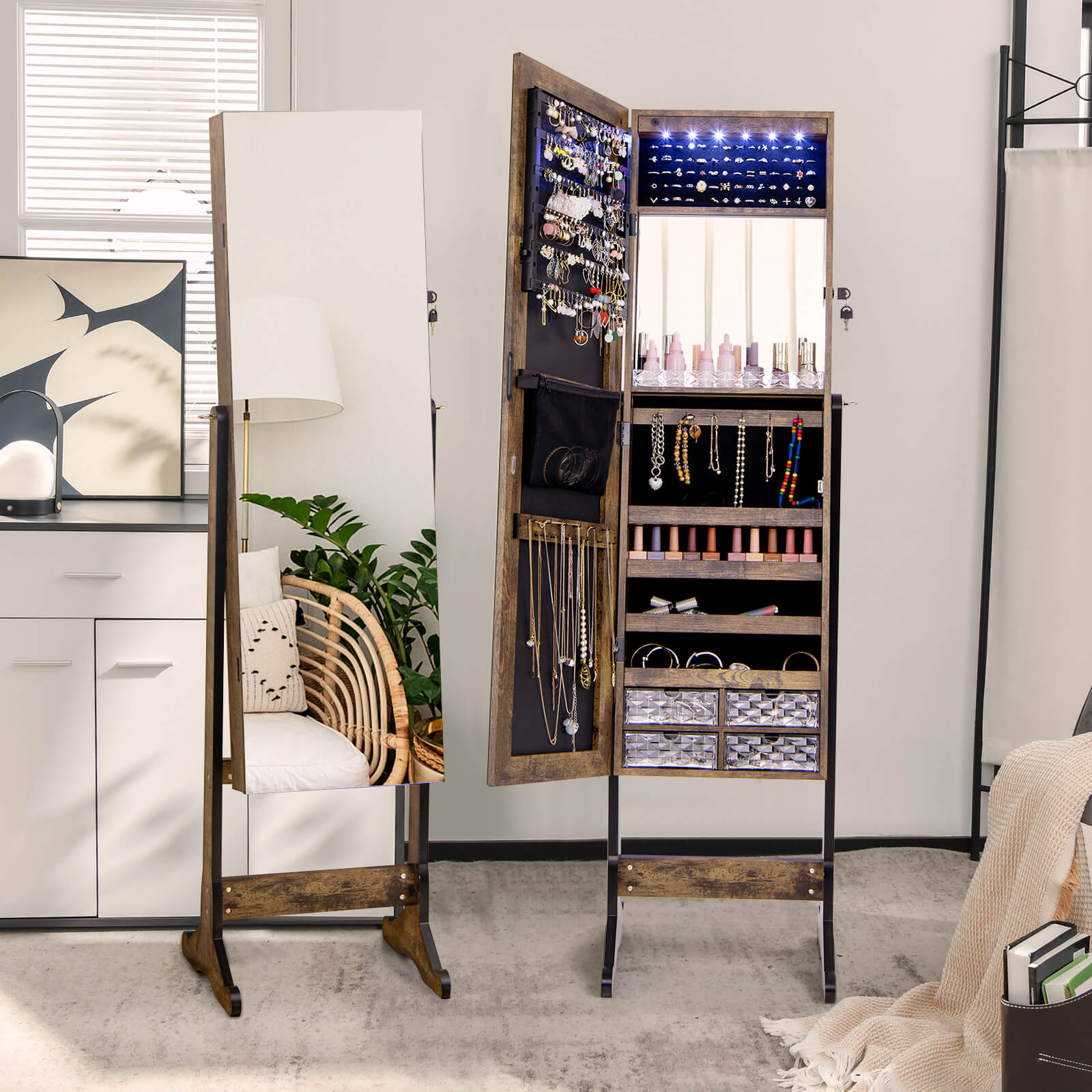 Costway Jewelry Cabinet Armoire Full Length Frameless Mirror Lockable with Lights Rustic Brown