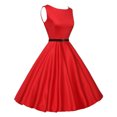 thumbnail image 4 of Fridja Lady Solid Color Short-Sleeved O-Neck High-Waisted Big Swing Party Dress, 4 of 5