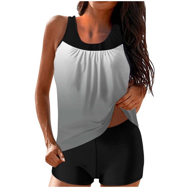 FAVIPT Bathing Suits for Women Tummy Control Two Piece Printed Tank Top with Shorts Modest Athletic Swimwear Gray,XL