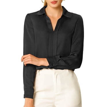 INSPIRE CHIC Women's Elegant Shirts V Neck Point Collar Long Sleeve Smooth Satin Blouse 3XL Black