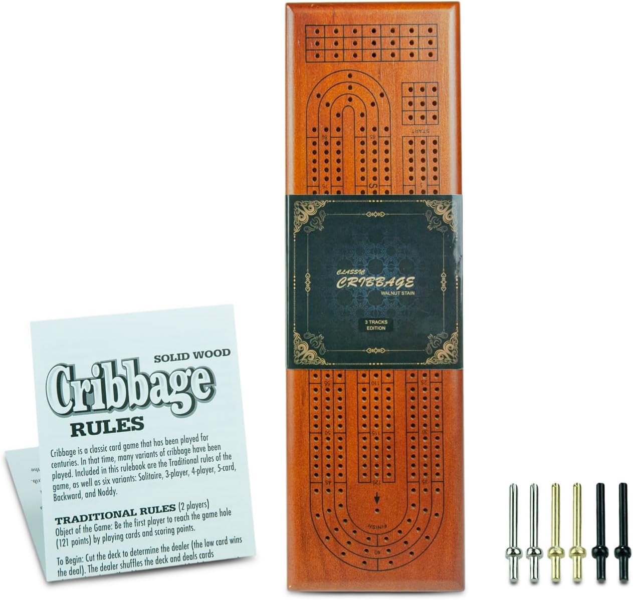 Tradeopia 3 Track Brown Wooden Cribbage Board Game with Built-in Storage and Metal Pegs