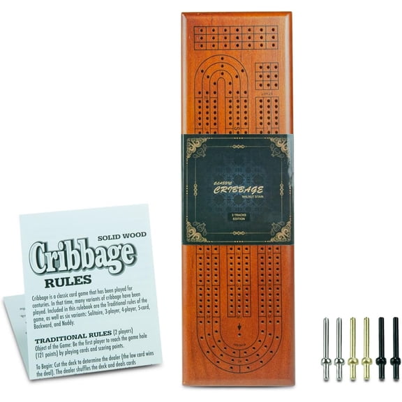 Tradeopia Jeu de Cribbage en Bois Brun à 3 Pistes avec Rangement Intégré et Pions Métalliques
