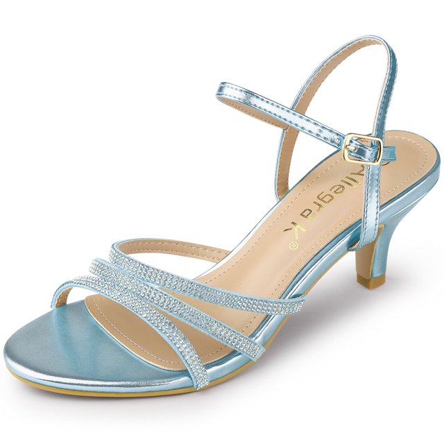 BLISSFUL STEP Women's PU Ankle Strap Rhinestone Kitten Heel Sandals