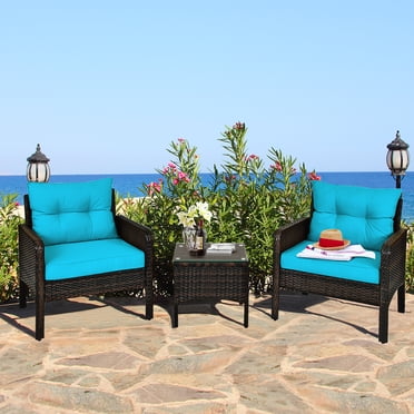 Gymax Ensemble de Mobilier d'Extérieur en Rotin pour Patio 3 Pcs avec Table à Café Coussin Turquoise