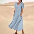 thumbnail image 2 of Pisexur Robes pour Femmes Couleur Unie Robes en Coton et Lin Manches Courtes Col Rond Robes Maxi Été Décontracté Coupe Ample Robe de Plage Mode Fluide Robe d'Été pour Vacances et Congés avec Poches, 2 of 6