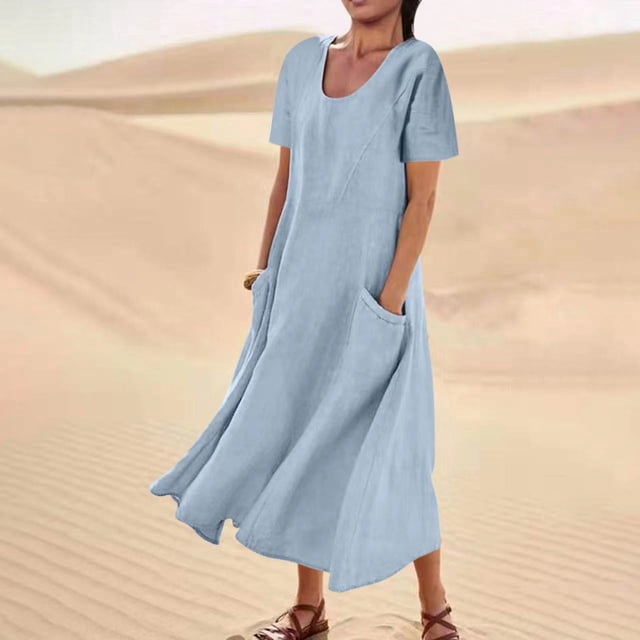 UPPADA Robes de Cocktail pour Femmes Robes d'Été pour Femmes 2025 Robe en Coton et Lin à Manches Courtes Col Rond Ample Décontractée Tunique Robes de Plage avec Poches Vestidos Casuales Para Mujer