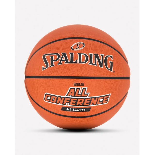 Spalding All Conference Composite Basketball, Size 6, 28.5 inches, front-facing view showing the orange pebbled composite cover with black wide channels for enhanced grip, featuring the Spalding logo and 'All Conference' branding, designed for indoor and outdoor courts and suitable for practice and game play.