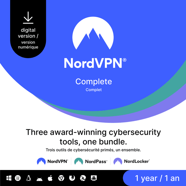 NordVPN Complete 1-Year Cybersecurity Package digital code featuring the NordVPN white mountain logo on a blue background, showcasing a bundle of three award-winning cybersecurity tools: NordVPN, NordPass, and NordLocker, compatible with Windows, macOS, Linux, Android, and iOS platforms.