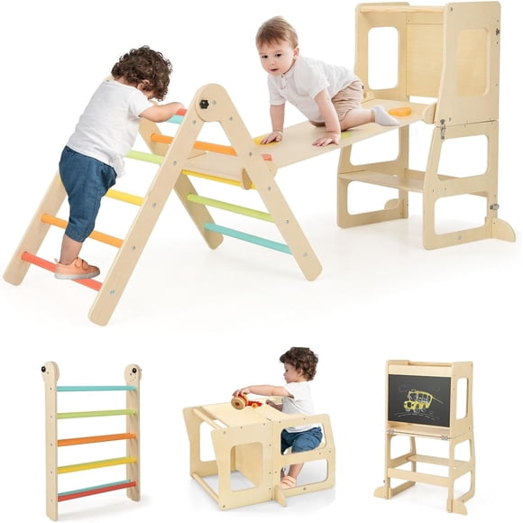 OLAKIDS Jouets d'Escalade pour Tout-Petits, 7 en 1 Gymnase Montessori Jungle en Bois Pliable Pikler avec Tour pour Tout-Petit, Échelle à Angle Réglable, Rampe, Glissade, Ensemble de Triangle d'Escalade pour Aire de Jeux Intérieure pour Enfants