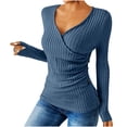 thumbnail image 2 of QATAINLAV Blue Lightweight Sweater for Women Casual Deep V Neck Long Sleeve Tops Ribbed Knit Button Cross Wrap Pullover, 2 of 8