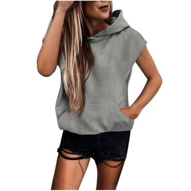 aohooy Chandails à Capuchon à Manches Courtes pour Femmes, Chandails d'Entraînement Athlétiques, Chandails d'Exercice, Chandails de Base Unis Légers à Enfiler avec Poche, Gris, TTG