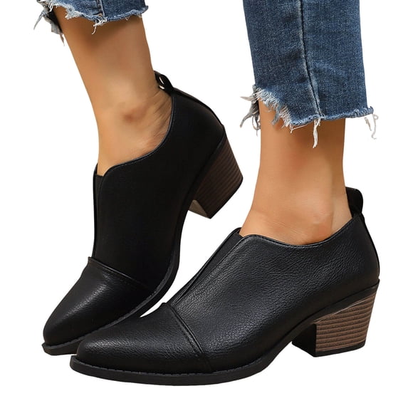 Womens Dress Oxfords Slip on Ankle Booties Fashion Leather Pointed Toe Stacked Mid Heel Office Work Short Dressy Boots Winter Fall Shoes for Ladies