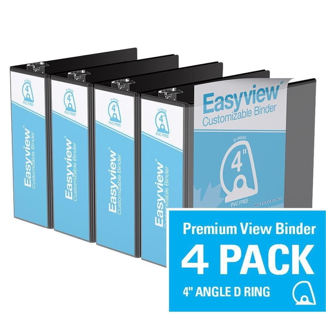 Davis Group Easyview Premium D Ring Customizable View Binder 4 Pack 4 inch featuring black binders with clear overlay on front, spine, and back covers, PVC-free polypropylene material, and back-mounted rings allowing pages to lie flat, ideal for presentations, manuals, and reports.