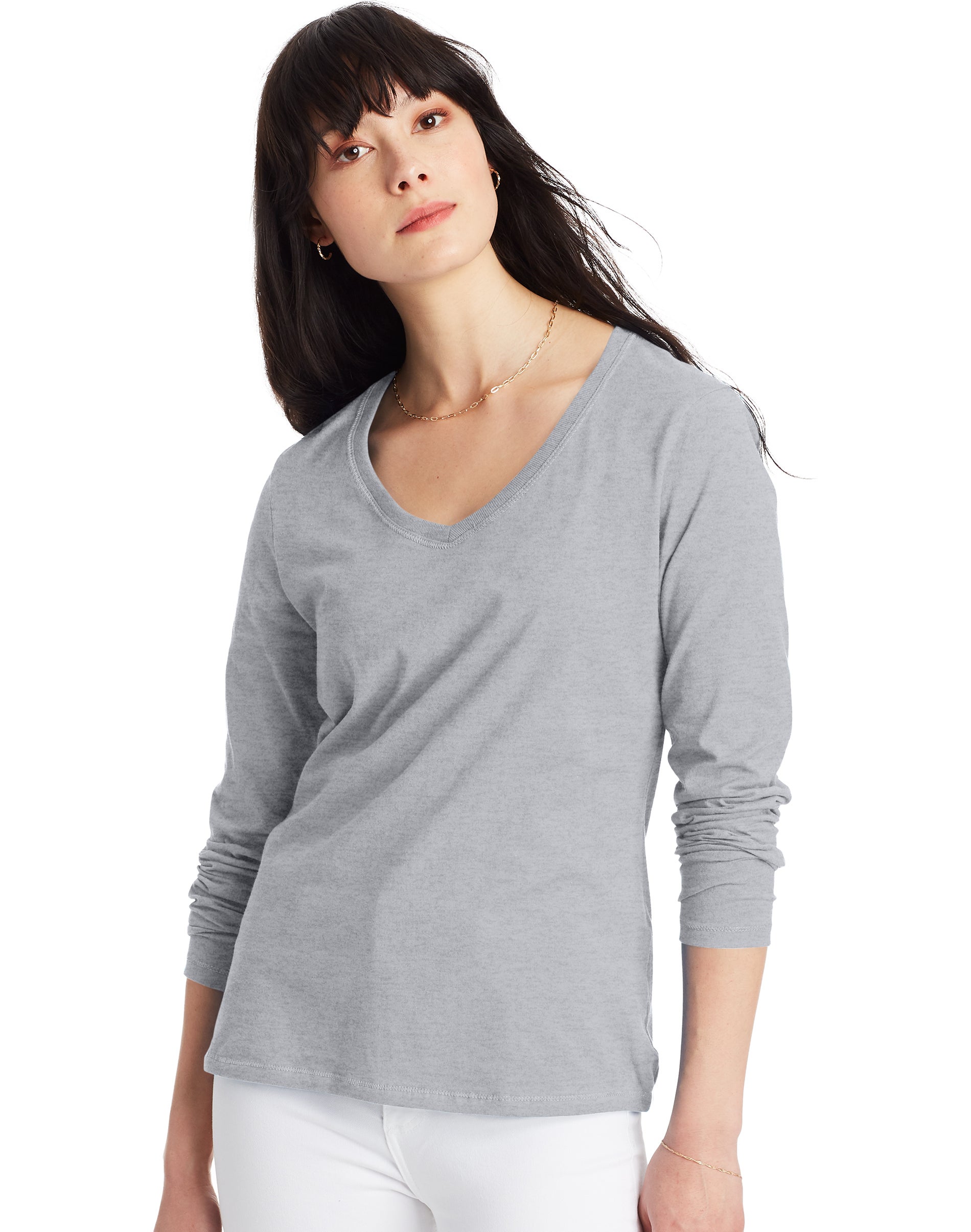 Hanes T-Shirt en Coton à Manches Longues Col en V pour Femmes, TP, Acier Clair